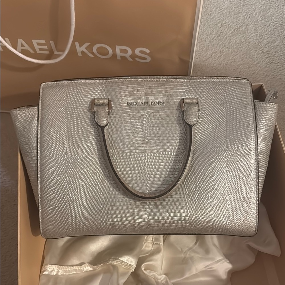 Michael Kors Silver Satchel with Structured Design and Metallic Accents